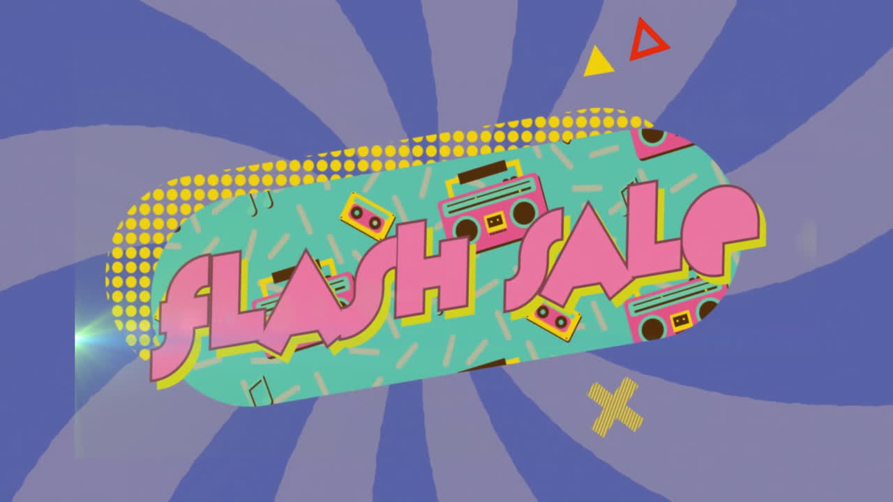 레트로 활기찬 줄무 패턴 배경 위에 플래시 판매 텍스트의 애니메이션