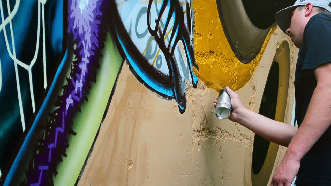 El artista pinta grafitis en una valla. Dibujo abstracto.