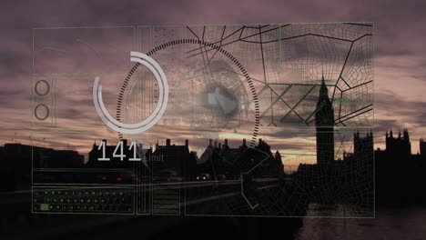 city skyline at sunset with futuristic digital animation overlay in background