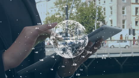 Animation of global network and data processing, over businesswoman in street using tablet