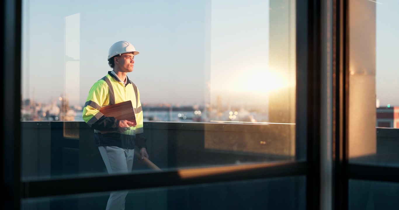 Ingeniero de construcción de pie en una azotea al atardecer