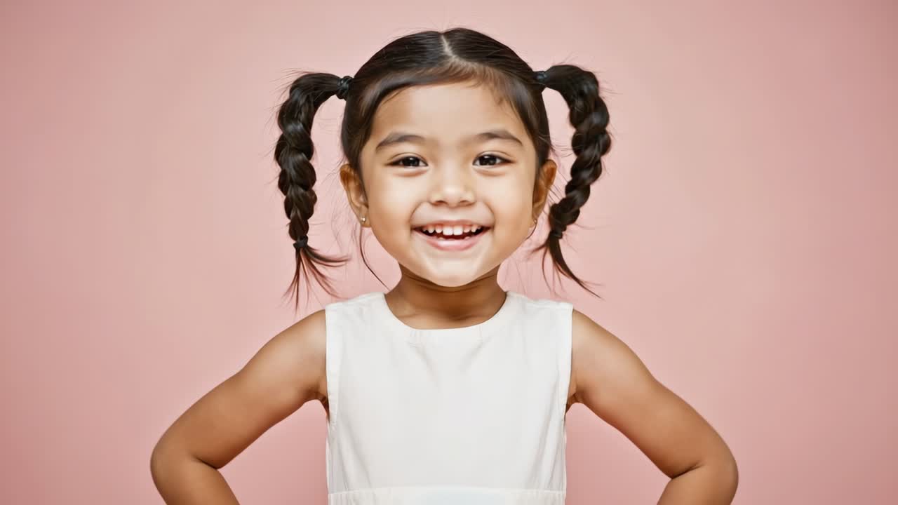 Portrait of a cheerful young girl with braided pigtails, wearing a white dress, standing against a pink backdrop with her hands confidently placed on her hips, exuding joy and confidence