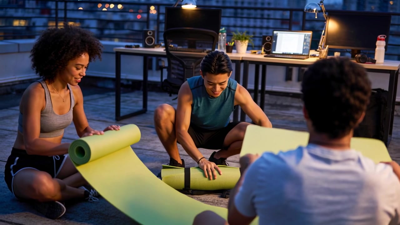 Smiling while chatting, coworkers unrolling green mats in sportswear on rooftop preparing workout