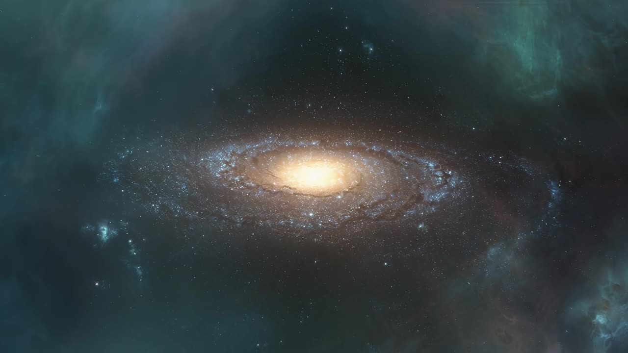 鮮やかな星雲が輝く銀河の宇宙的なビデオシーンを、中央からのアングルで捉えた映像。