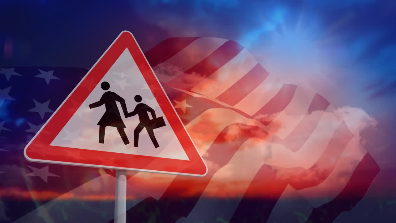 animación de una señal de tráfico y una bandera de los estados unidos en fondo azul