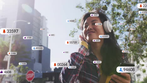 escuchando música con auriculares, mujer rodeada de notificaciones de redes sociales