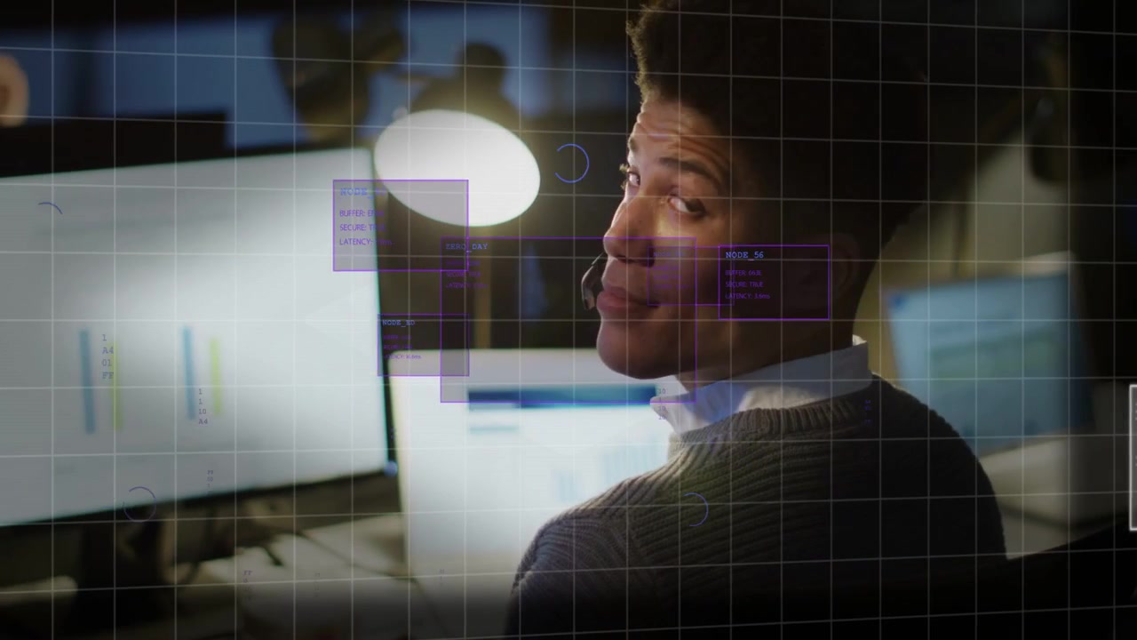 Man typing, UI overlay appearing, purple pop-ups moving, digits cascading, visualizing data flow
