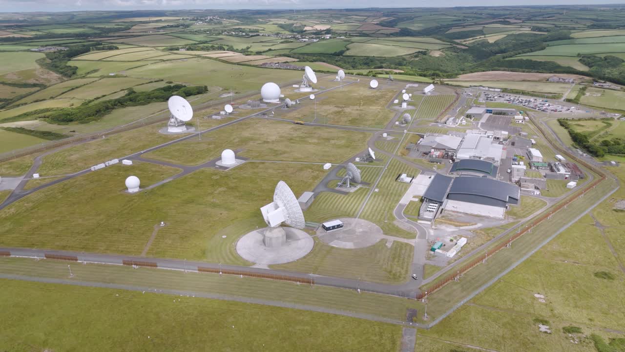 Orbital view of GCHQ and NSA repeater station and listening post with multiple satellite dishes in Bude, Cornwall, United Kingdom
