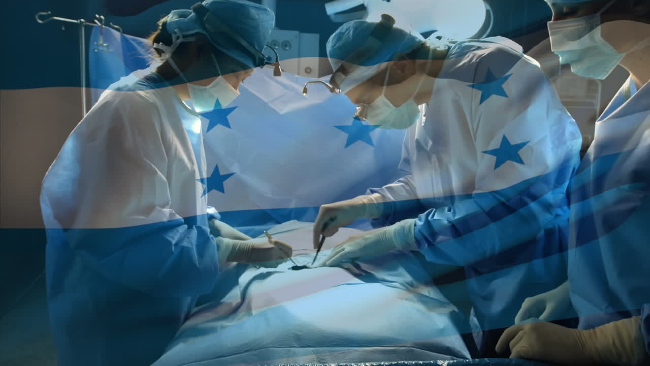 Animation of flag of honduras waving over surgeons in operating theatre