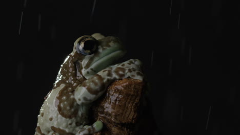 milky tree frog sits patiently on tree branch as light rain begins to fall at night - close up side profile