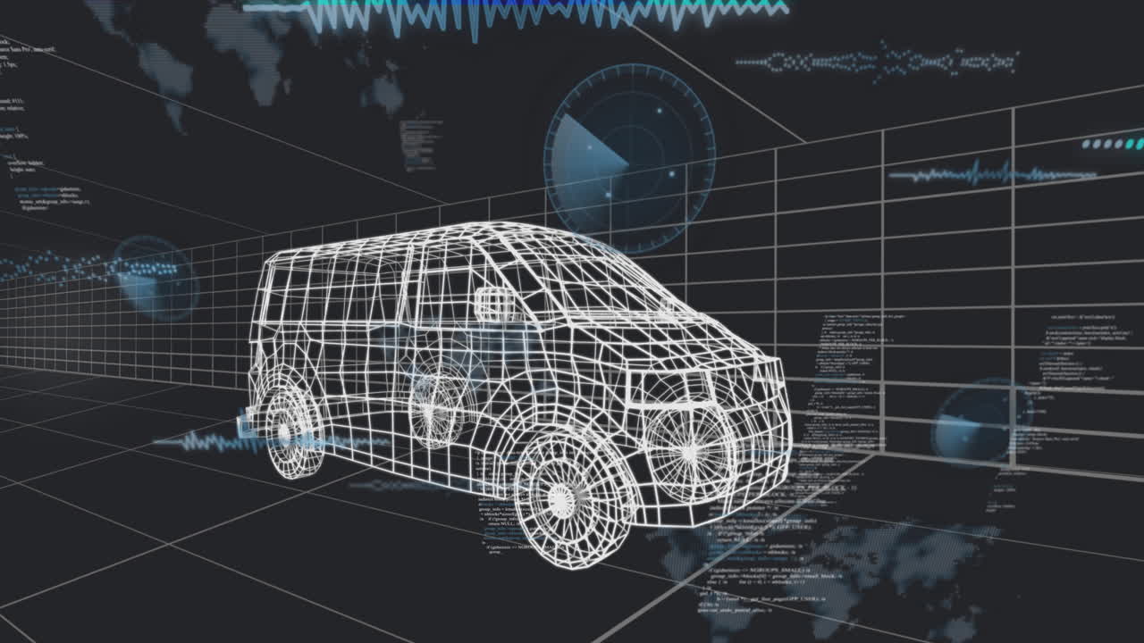 Wireframe van model floating in dark virtual grid, displaying waveform graphs, code snippets, radar
