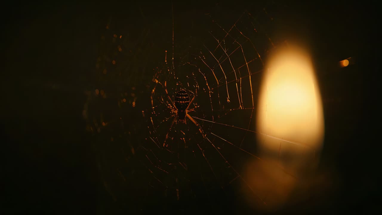 Framing spider on web in candlelit niche shifting focus to melting wax glowing candle, copy space