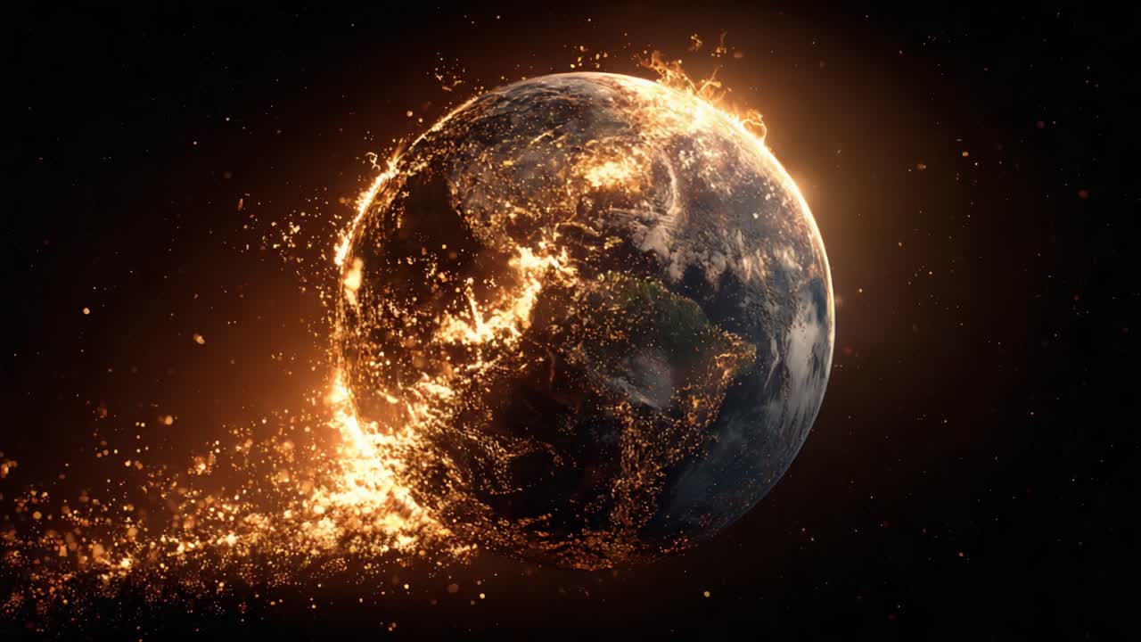 A Stunning Visual of Earth in Flames: Capturing the Awe-Inspiring Moment of Our Planet Glowing with Fiery Energy, Evoking Thoughts on Climate Change and Cosmic Forces