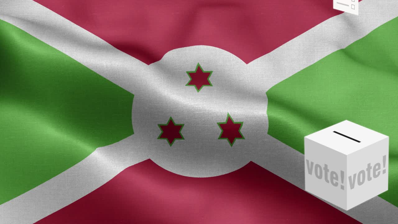 las papeletas de votación vuelan a la caja para la selección de burundi - caja de votación frente a la bandera - elección - voto - bandera de burundi - bandera de burundi alto detalle - bandera nacional patrón de ondas de burundi elementos loopables - textura de tela y bucle sin fin - bandera vertical