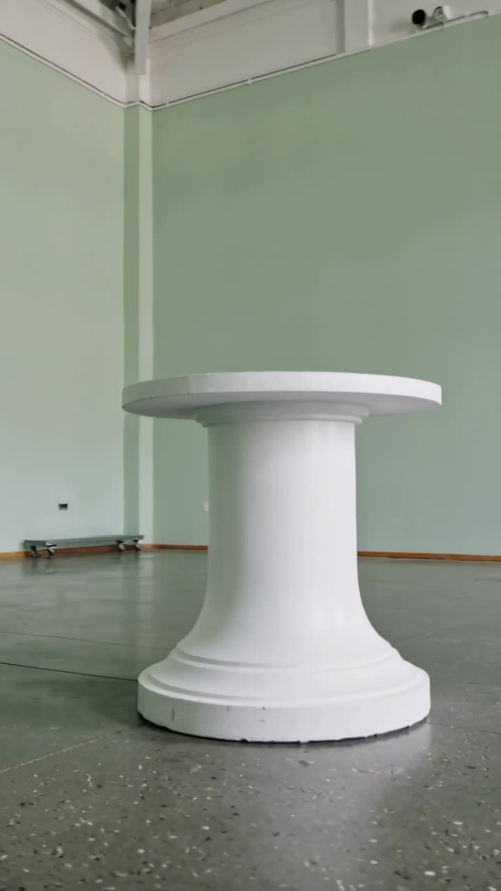 Video verticale: Telecamera che si allontana rivelando un piedistallo bianco in una stanza color menta per mostrare il cavo del dolly.
