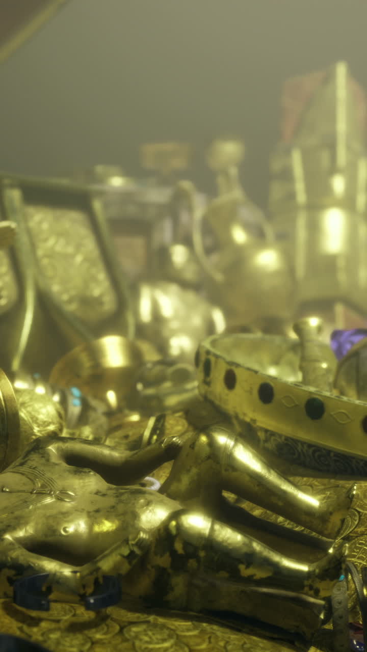 Hidden treasure gleams under the light in an ancient chest of gold artifacts