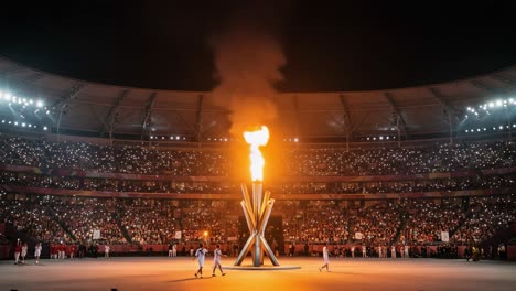 a majestic opening ceremony: the flame of unity ignites the stadium, illuminating the night sky and celebrating togetherness around the world