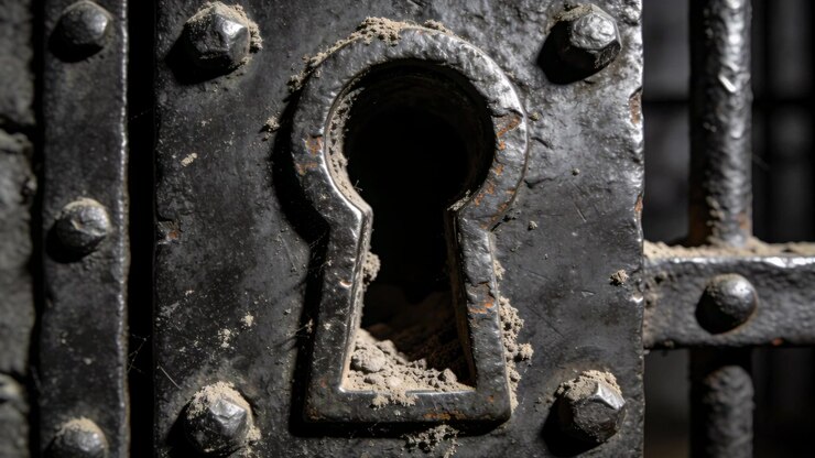 Tenendo ferma la fotocamera che cattura un buco della serratura in ferro corroso in un cancello fioco, mostrando rivetti, ragnatele e detriti.