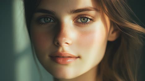 soft, natural light illuminates the delicate features of a captivating young woman with mesmerizing green eyes, creating a serene and enchanting portrait