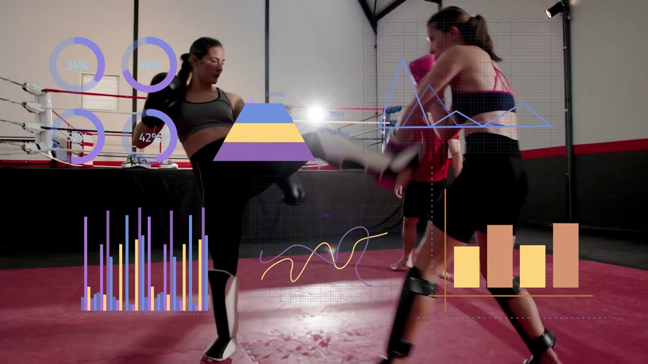 Two fighters sparring in dojo, one stepping to attack, coach watching animated graphs for training