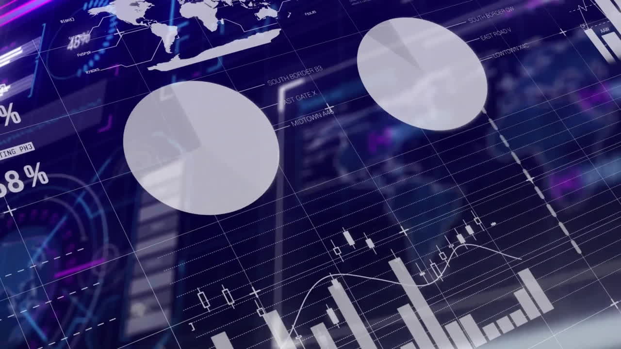 Animation of financial data processing on black background