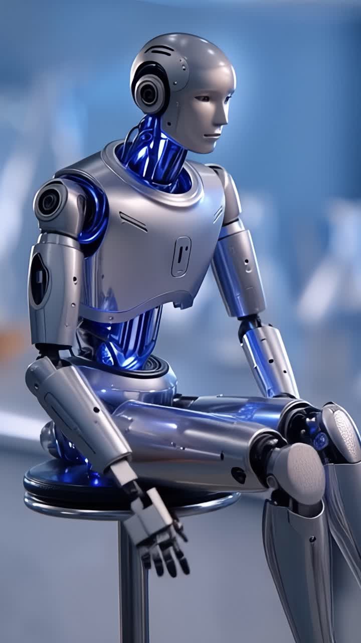 Un Robot Umanoide Futuristico dal Design Metallico Elegante e Accenti Blu Luminosi, Che Contempla Pensierosamente l'Ambiente Circostante in un Contesto High-Tech