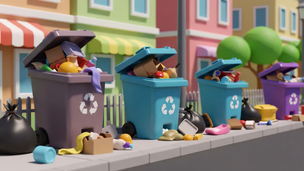 Colorful Cartoon Scene Featuring Overfilled Recycling Bins Surrounded by Trash Bags on a Sunny Urban Street with Charming Buildings in the Background