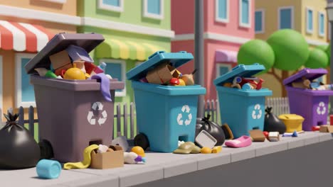 colorful cartoon scene featuring overfilled recycling bins surrounded by trash bags on a sunny urban street with charming buildings in the background