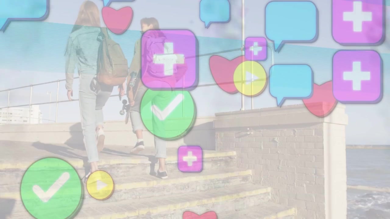 Walking two friends climbing sea steps toward railing with backpacks, skateboard, icons appearing