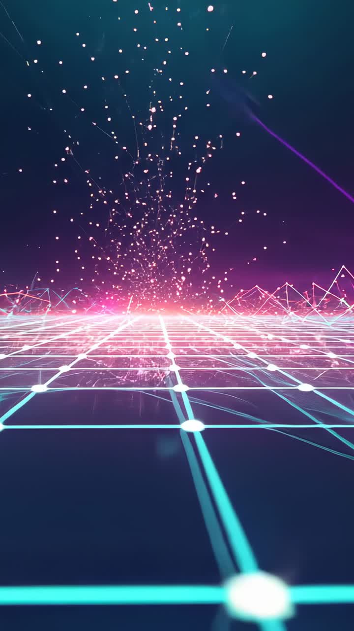 Vertical video: Neon grid pulsing as magenta glow intensifying on digital plane, particles rising