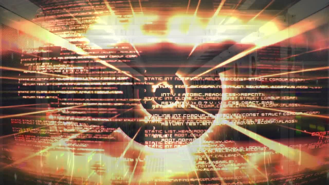 Animation of circular tunnel over looping computer language against server room in background
