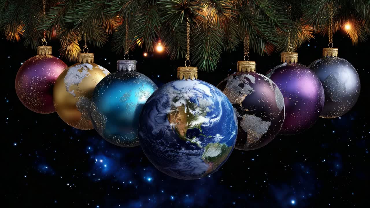 A Stunning Visual of a Christmas Tree Adorned with Colorful Ornaments, Showcasing a Beautiful Earth Globes Against a Starry Background, Capturing the Spirit of the Holiday Season with a Galactic Touch