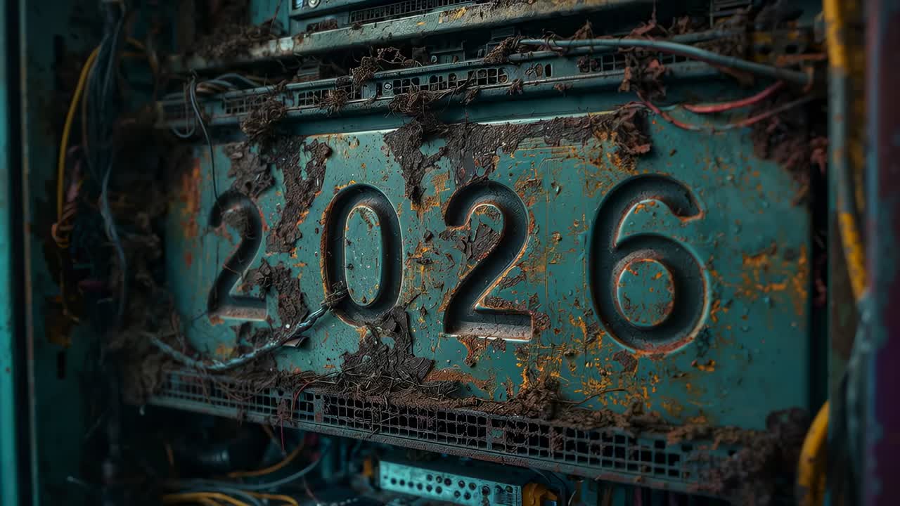 Camera pushing in, revealing teal metal panel stamped 2026 at cabinet, exposing rust and cables