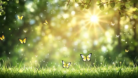 A serene, sunlit meadow with butterflies, captured from a low-angle