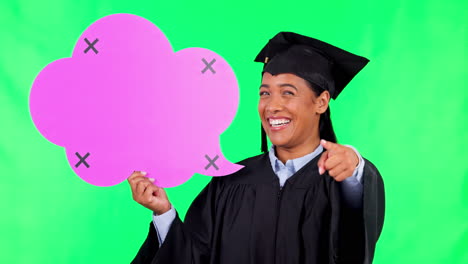 Woman,-graduation-and-speech-bubble-in-green