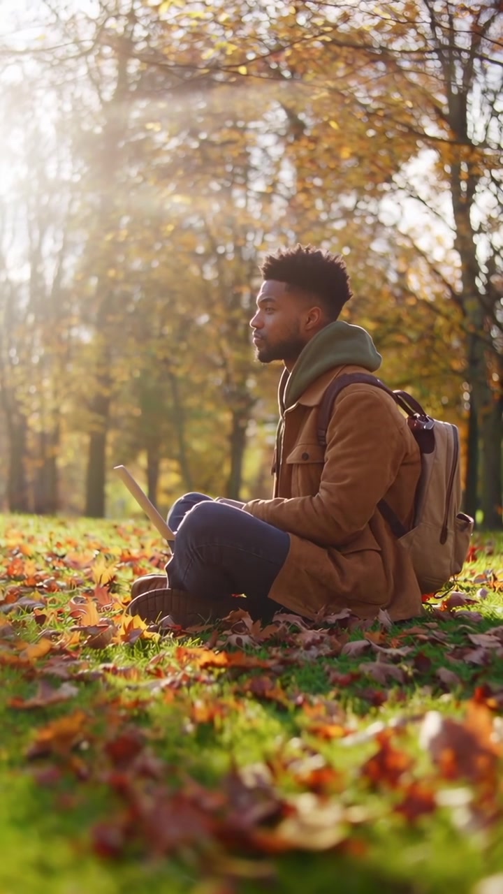 Young Man Working on Laptop in Autumn Park