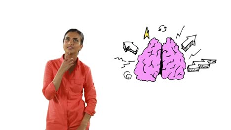 mujer india pensativa contra el icono del cerebro con espacio de copia en fondo blanco