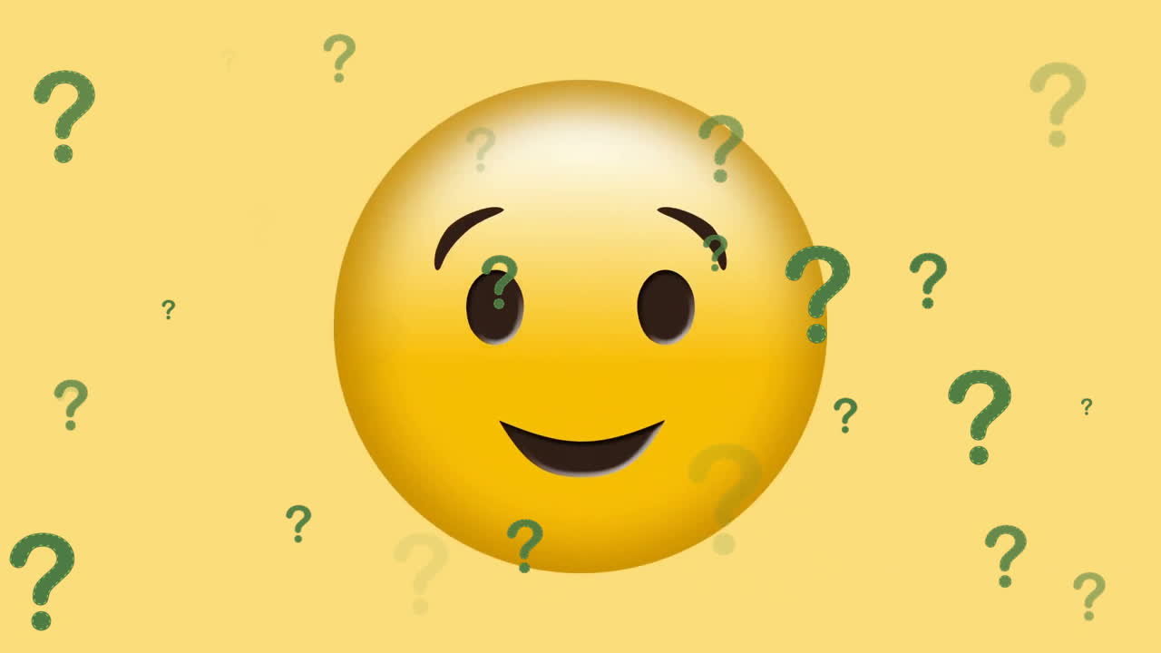 Animazione di icona emoji sorridente con punti interrogativi su sfondo giallo