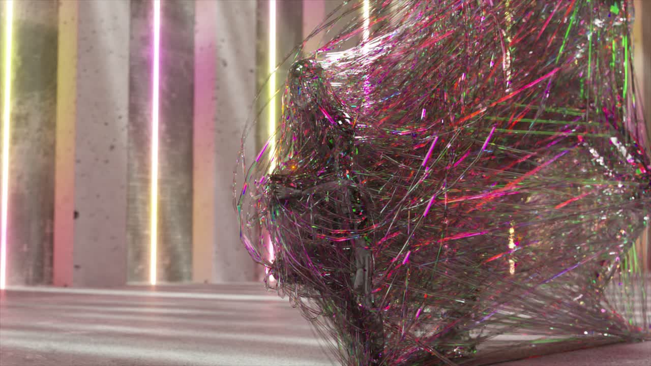 추상적 인 iridescent 포장 된 기하학적 형태와 네온 조명