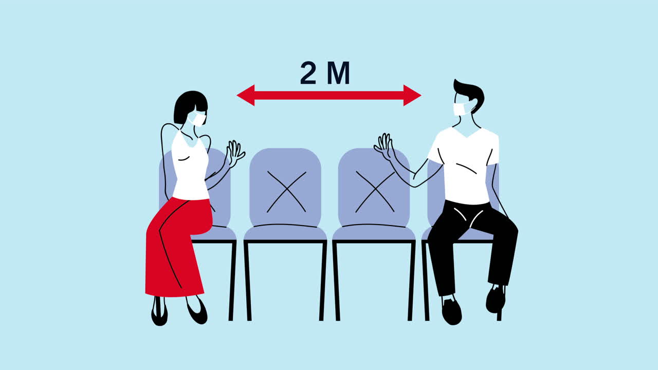 젊은 비즈니스 커플이 코로나19에 대한 의료 마스크를 착용하고 대기실에서 사회적 거리를 지키고 있습니다.