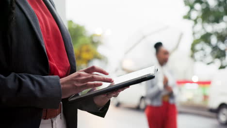 Hands,-tablet-and-a-business-woman-in-the-city