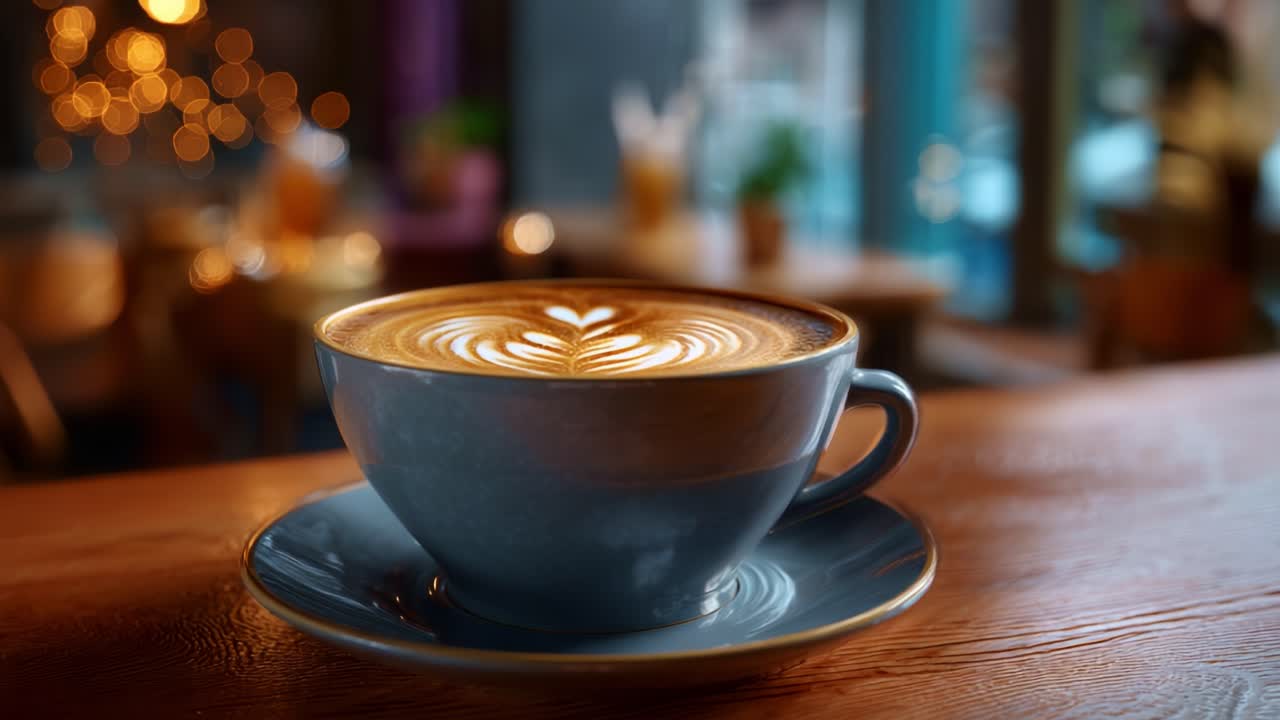 Eine Kaffeetasse mit satter Textur und wunderschöner Latte Art, vor einem einladenden und gemütlichen Café-Hintergrund, perfekt für Kaffee-EnthusiastInnen und Ästhetik-LiebhaberInnen