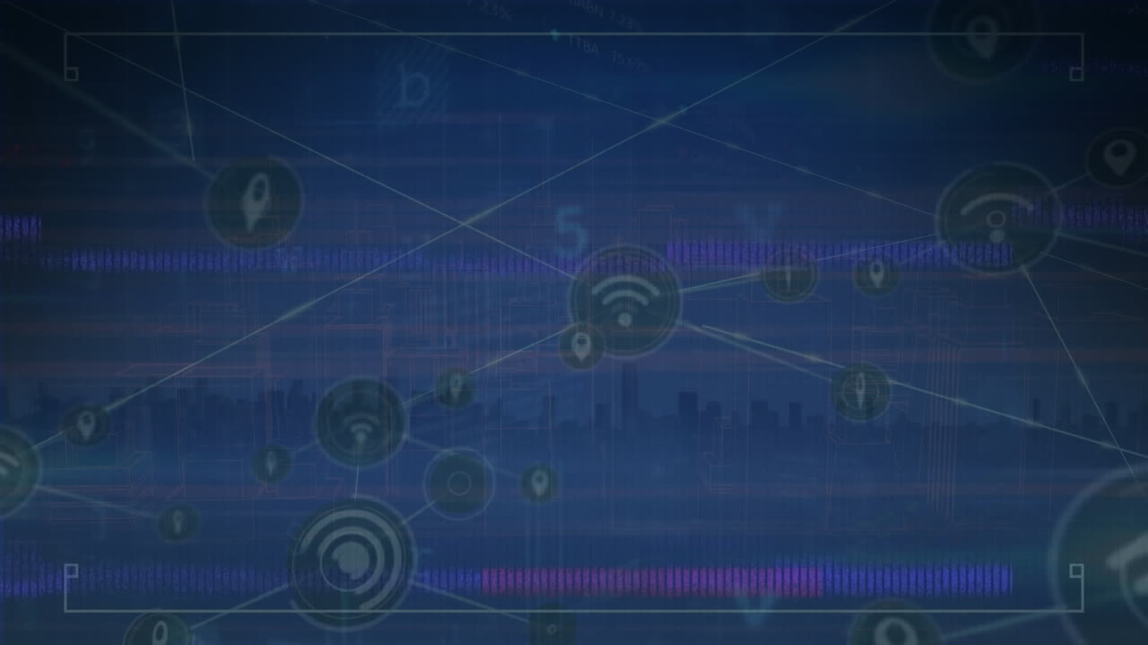 animación de la red de conexiones con iconos y procesamiento de datos sobre el paisaje urbano