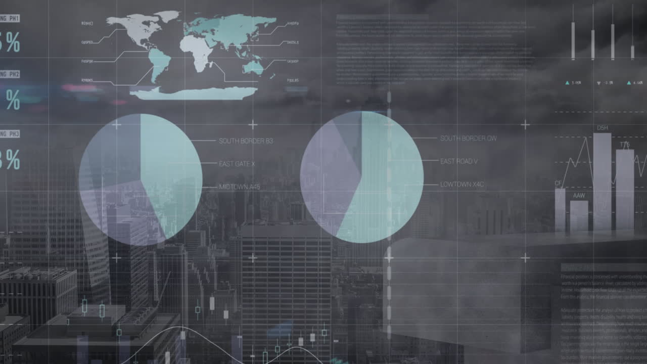 Animation of data processing with world map over cityscape