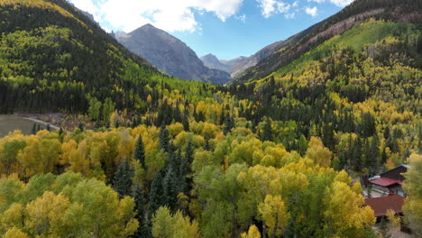 Rising-Aerial-View-of-Vibrant-Yellow-and-Green-Mountain-Valley-in-Telluride,-Colorado