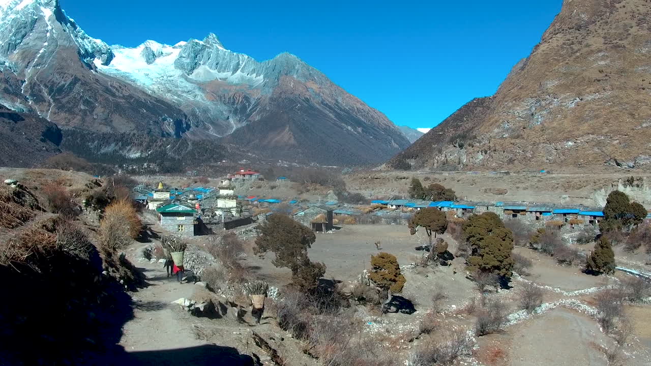 Daily life in the Himalayan region of Nepal. Locals carry wooden logs in a basket on their back to the village for firewood and livestock