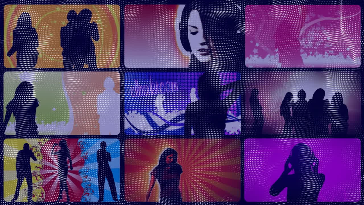Silhouettes of people dancing and posing over colorful animation backgrounds