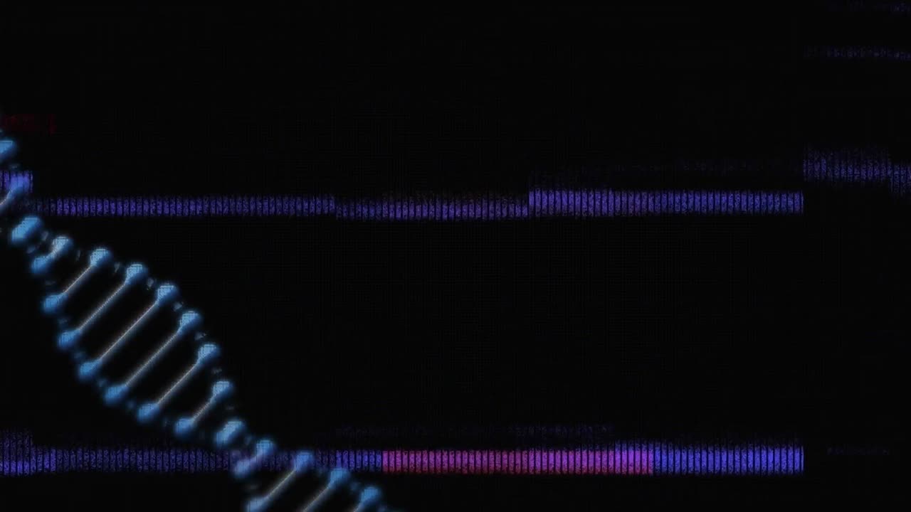 어두운 배경에 회전하는 dna 가닥 위에 있는 파란색 선의 애니메이션