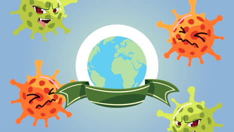 covid19 particles comic characters pattern with world planet animation