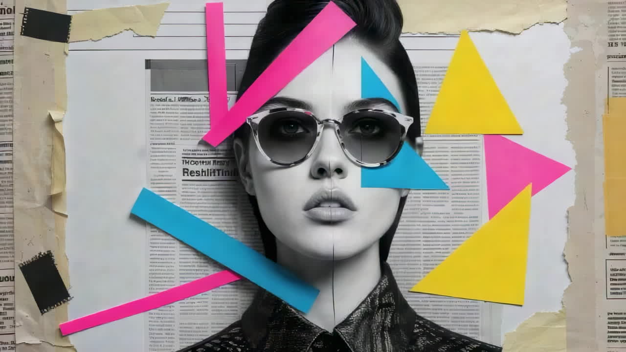Abstract Fashion Portrait with Geometric Shapes and Newspaper Background